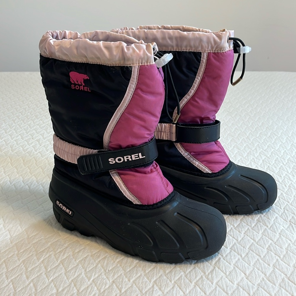 Sorel kid's winter boots, waterproof, adjustable, pink/black, 5